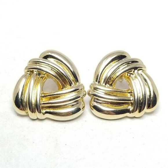 Vintage Gold Tone Triangle Shape Puffy Stud Earrings, Retro 80s Style, Estate - Picture 1 of 5